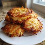 A close-up stack of four golden brown, crispy potato latkes served on a white plate.