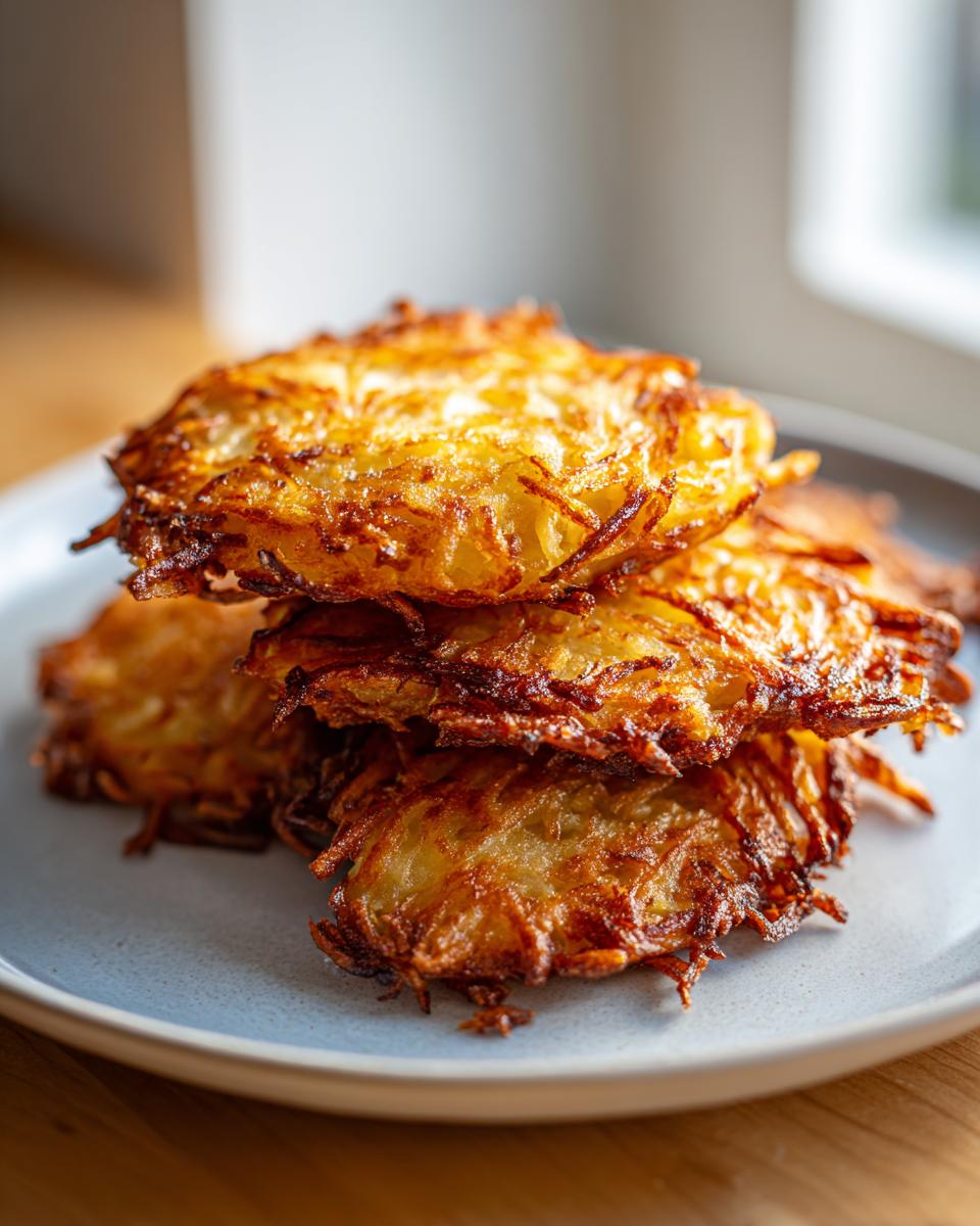 A stack of three golden brown, crispy potato latkes piled on a light blue plate.