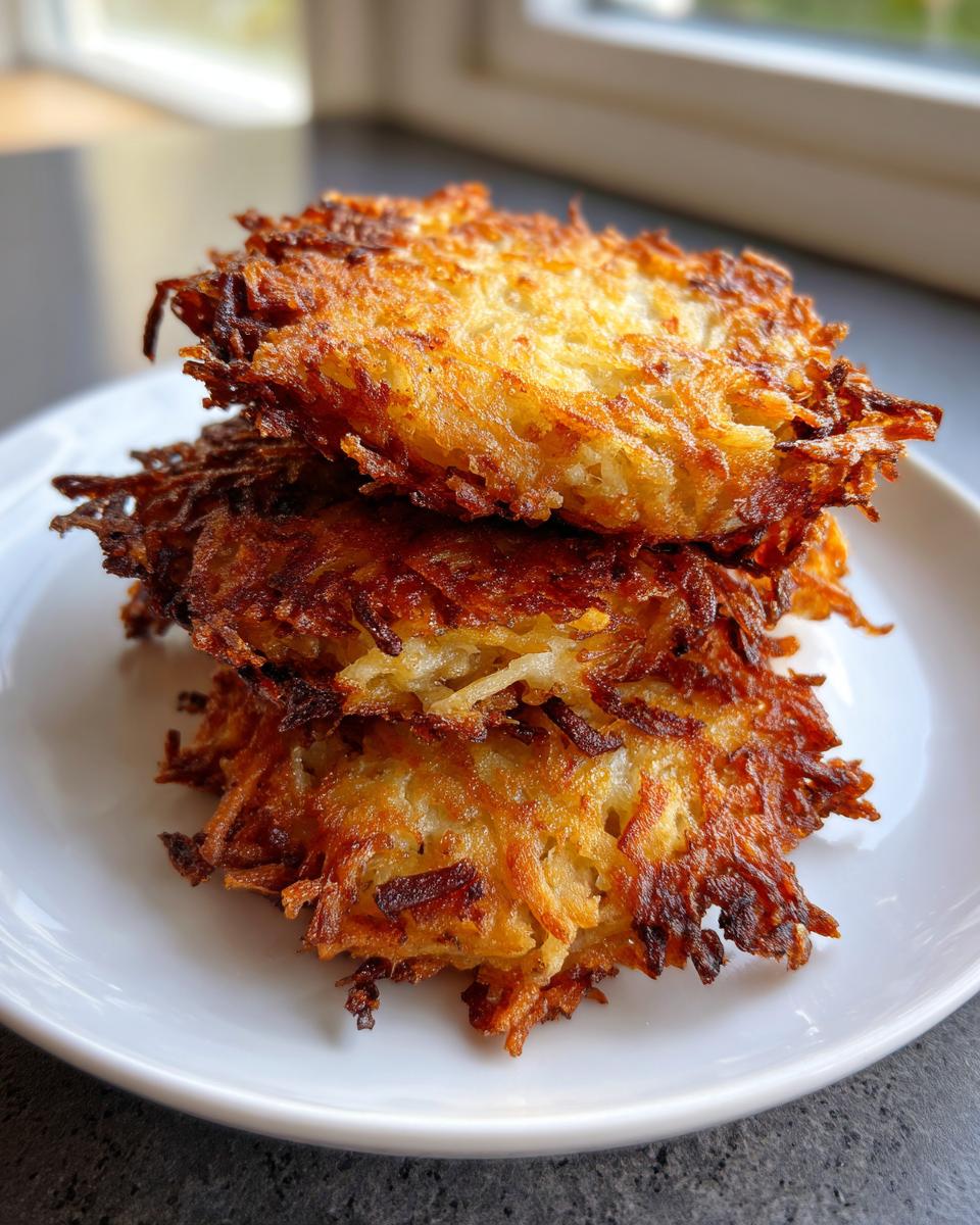 A stack of three perfectly golden and crispy potato latkes piled high on a white plate.