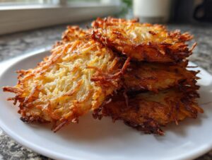 A stack of perfectly golden brown and crispy potato latkes piled high on a white plate.