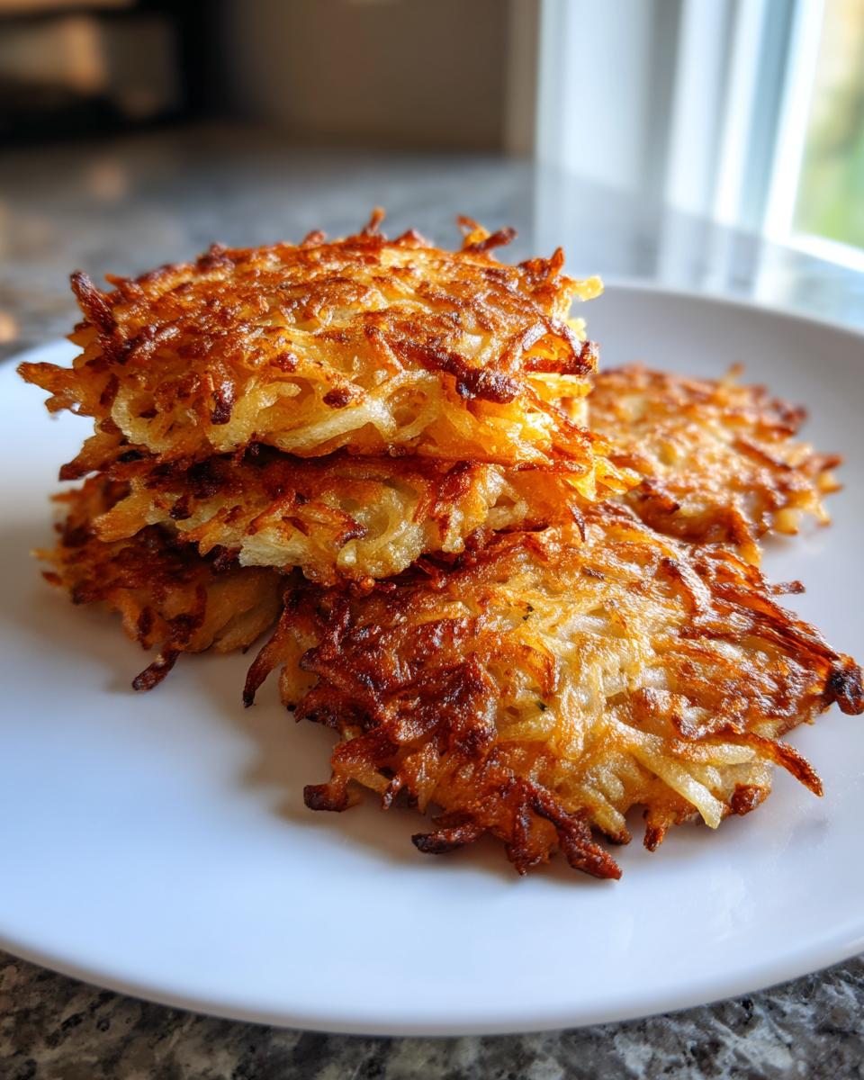 A stack of perfectly golden brown and crispy potato latkes served on a white plate.