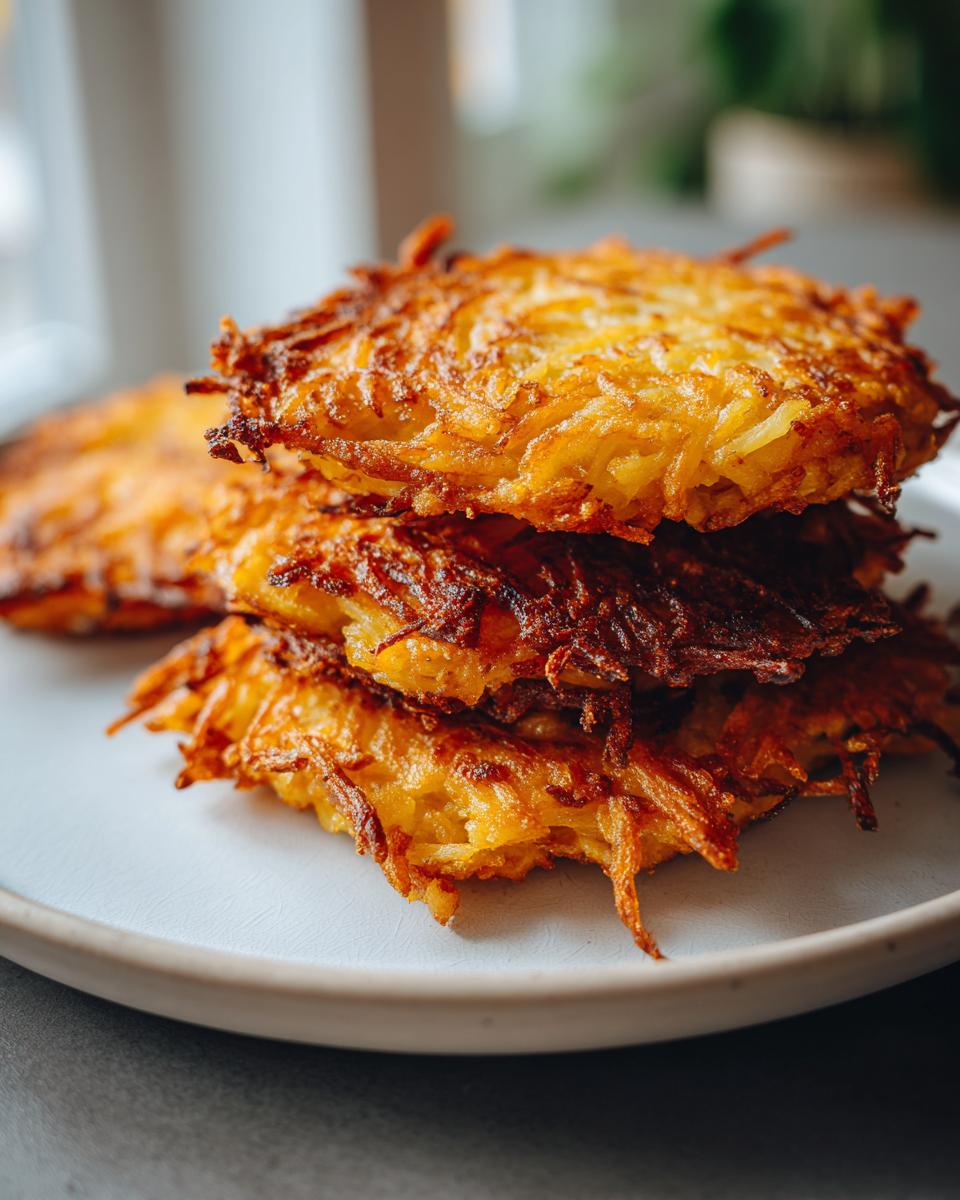 A close-up stack of three golden brown, crispy potato latkes served on a light gray plate.