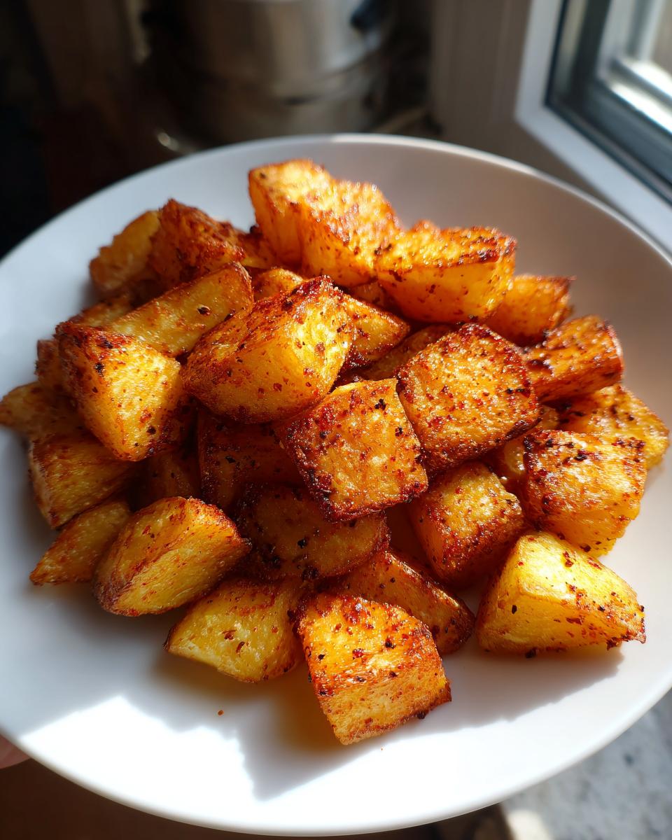 A close-up of golden brown, cubed breakfast potatoes seasoned with spices, served on a white plate near a window.