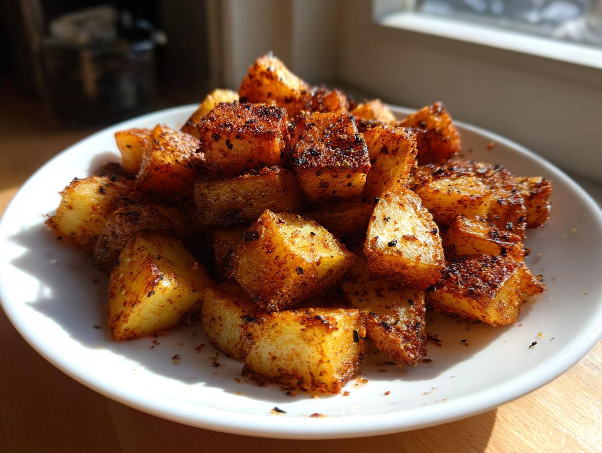 A close-up of golden, crispy seasoned breakfast potatoes piled high on a white plate, catching the sunlight.