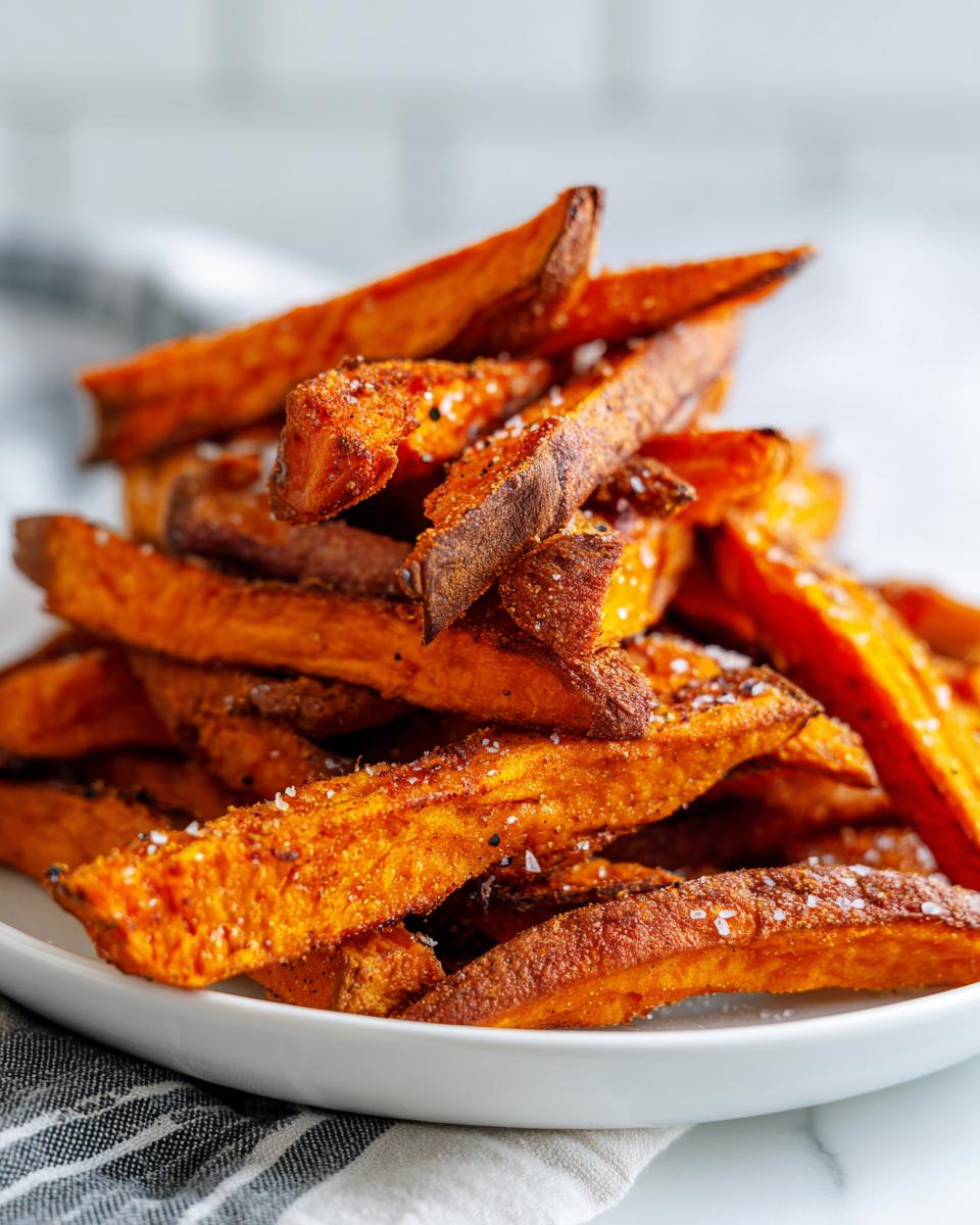 A close-up of a pile of crispy, seasoned sweet potato fries sprinkled with coarse salt on a white plate.