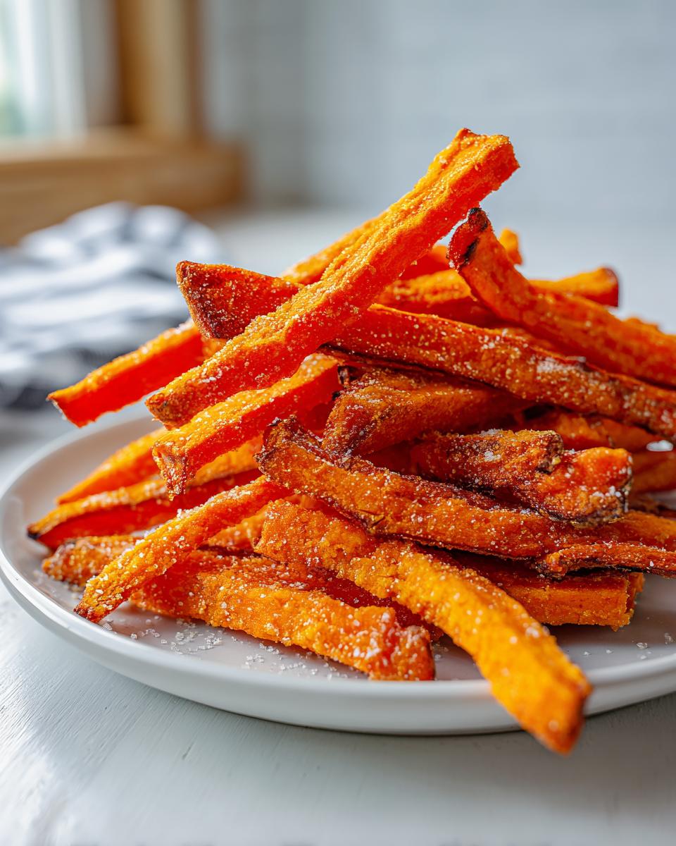 A close-up of a tall stack of crispy, bright orange sweet potato fries sprinkled with coarse salt.