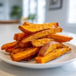 A close-up of a tall stack of crispy, orange sweet potato fries seasoned with spices, served on a white plate.