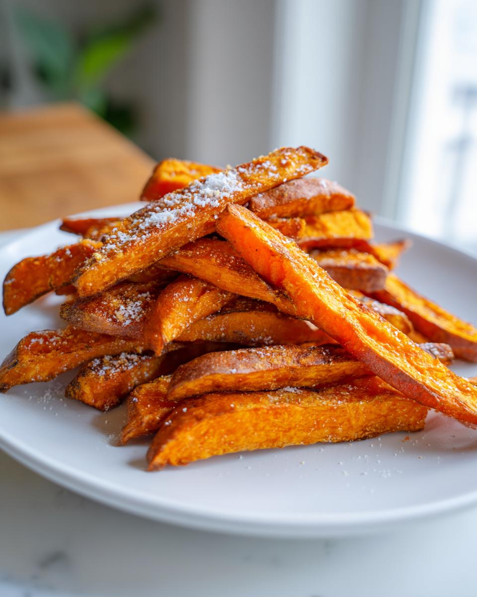 A close-up stack of bright orange, crispy sweet potato fries sprinkled with a white powder, likely sugar or salt.