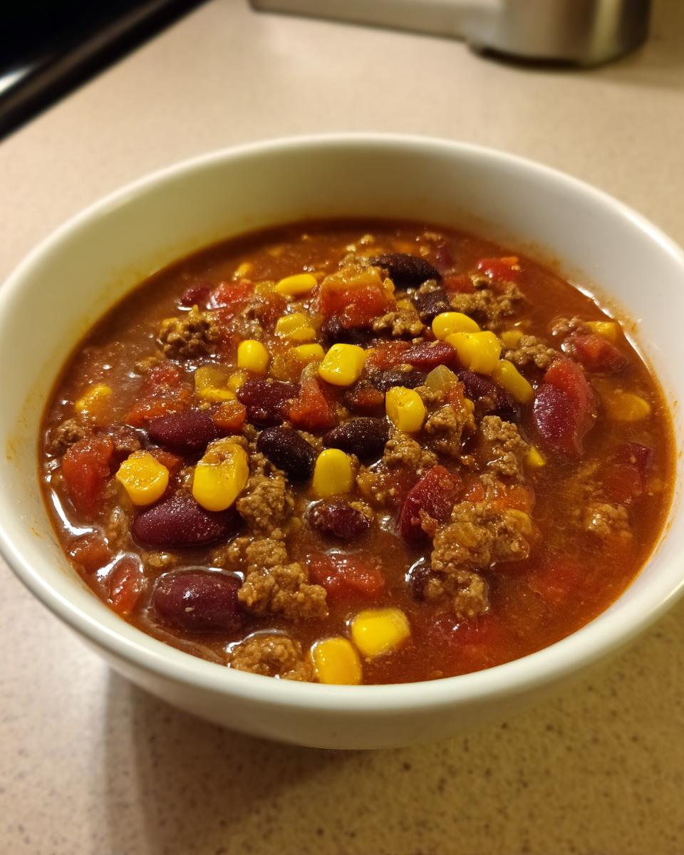 Close-up of a white bowl filled with rich crockpot cowboy soup featuring ground beef, kidney beans, corn, and tomatoes.