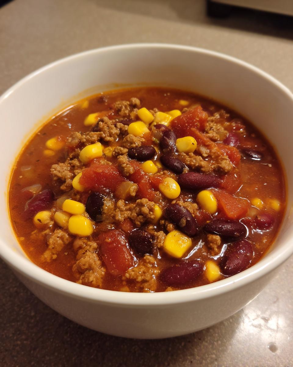 Close-up of a white bowl filled with rich crockpot cowboy soup, featuring ground beef, kidney beans, corn, and tomatoes.