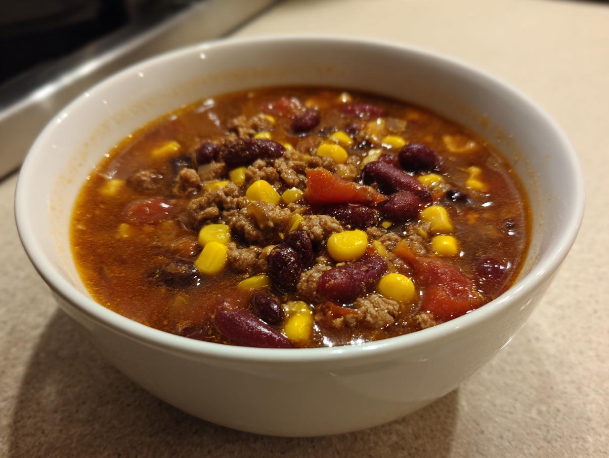 A close-up of a white bowl filled with rich crockpot cowboy soup featuring ground beef, kidney beans, and corn.