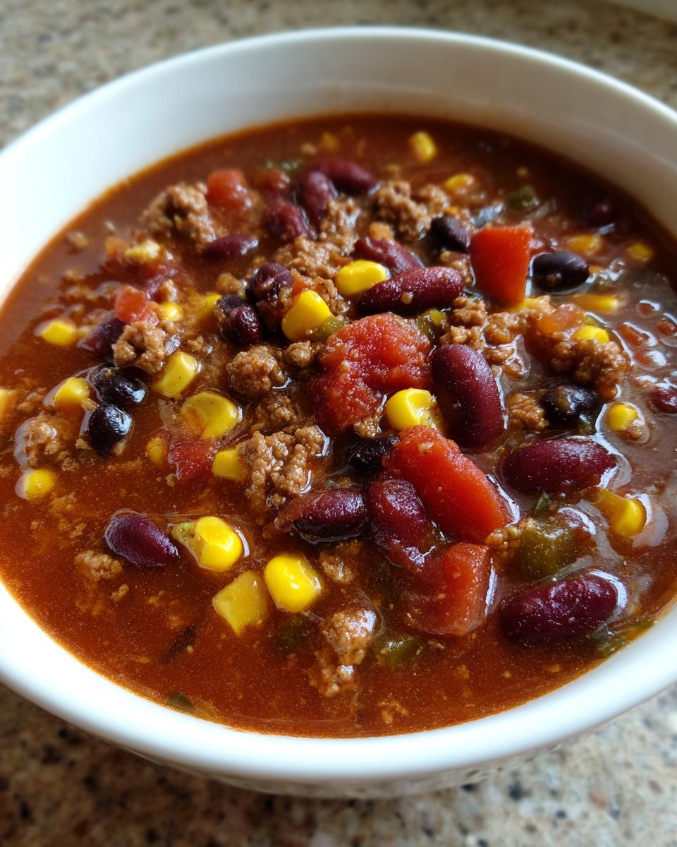 Close-up of a bowl of rich, red crockpot cowboy soup filled with ground beef, kidney beans, corn, and tomatoes.