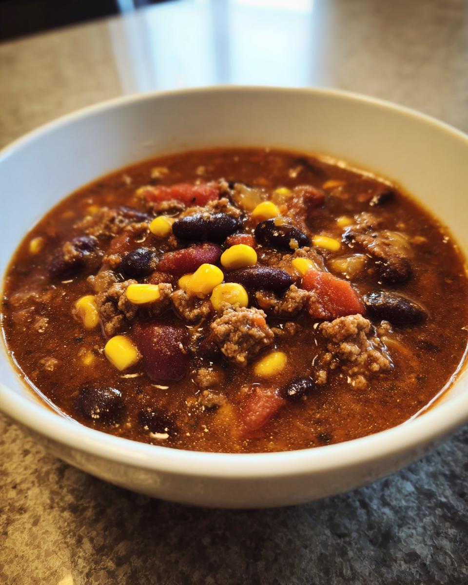 Close-up of a white bowl filled with rich crockpot cowboy soup featuring ground beef, kidney beans, corn, and tomatoes.