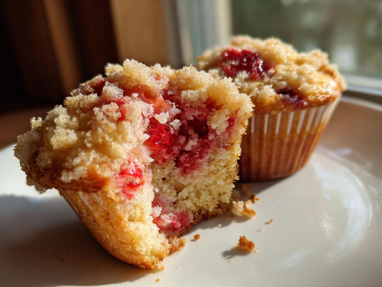 A close-up of a strawberry muffin cut in half showing the moist interior and bright red fruit, next to a whole strawberry muffin.