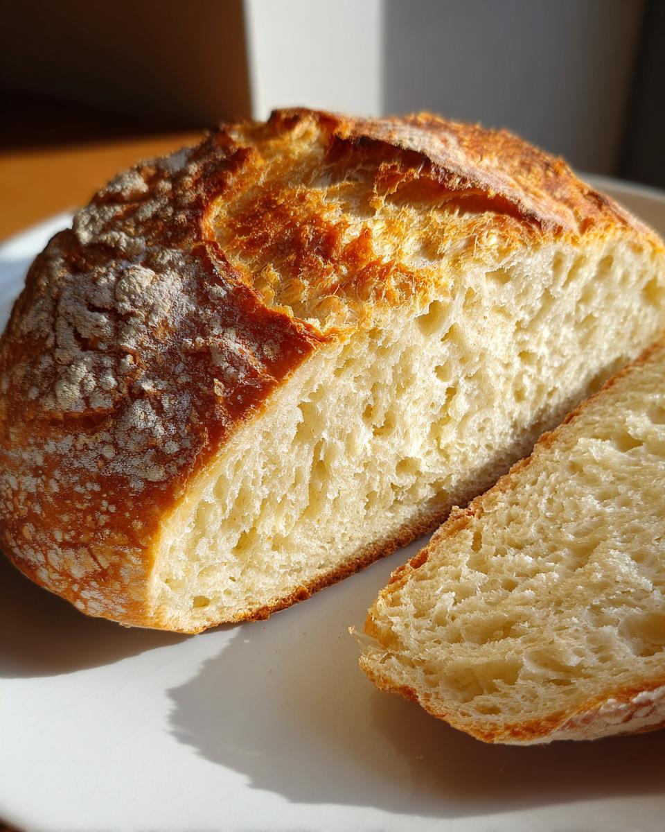 Close-up of a freshly baked, crusty loaf of yeast bread sliced open, showing the soft, airy interior.