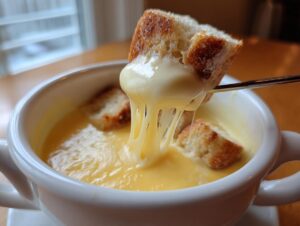 Close-up of a piece of toasted bread being dipped into creamy cheese fondue, showing long cheese pulls.