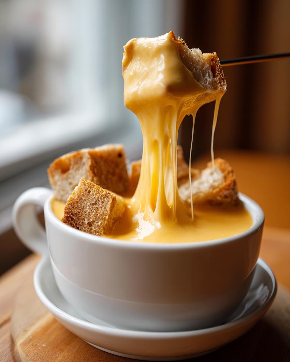 A piece of bread is lifted from a white mug filled with creamy cheese fondue, showing long, delicious cheese pulls.