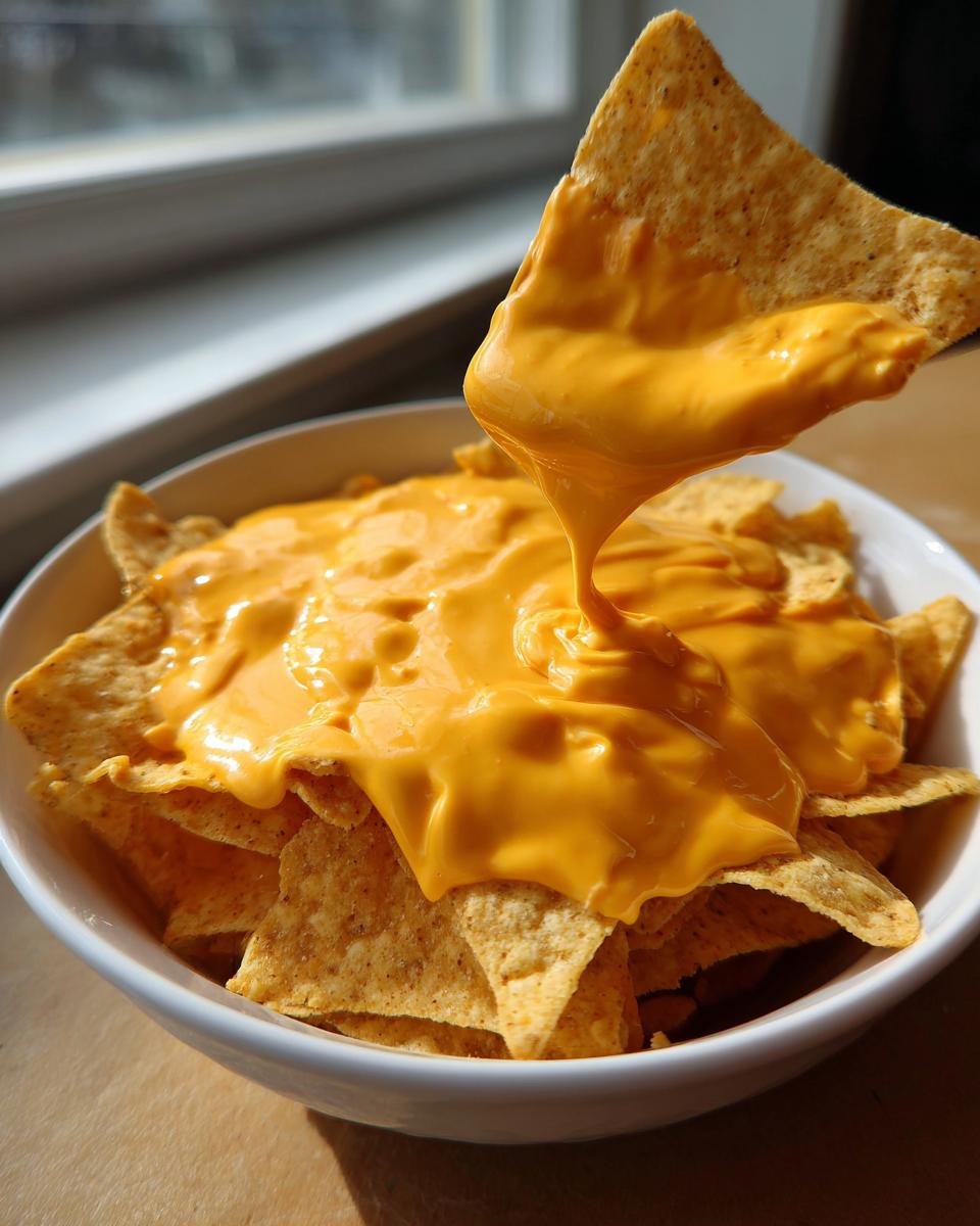 A tortilla chip being dipped into a white bowl overflowing with homemade nacho cheese sauce.