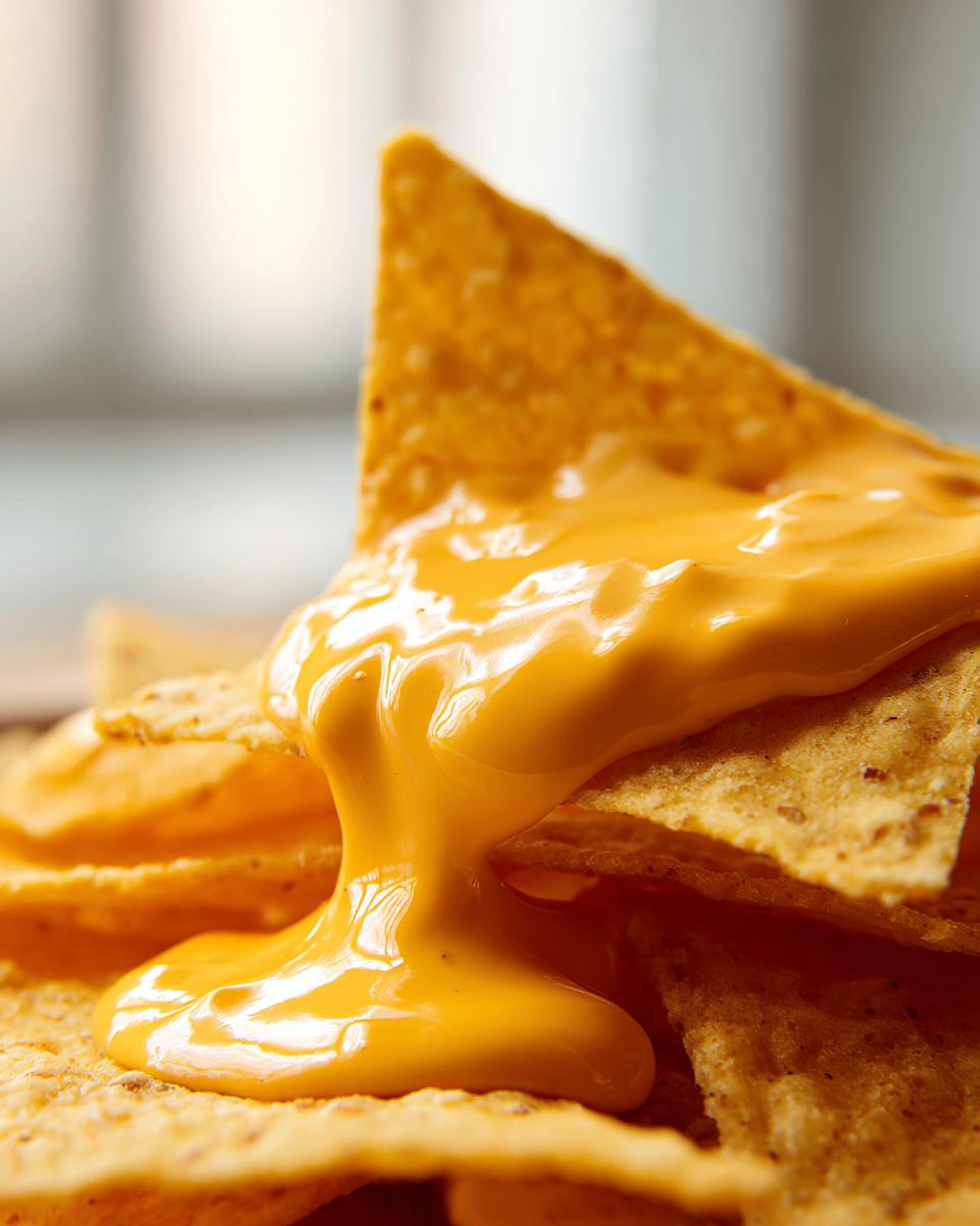Close-up of a tortilla chip being drenched in smooth, bright orange nacho cheese sauce.