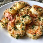 Close-up of golden, cheesy air fryer shrimp topped with fresh chopped parsley on a white plate.