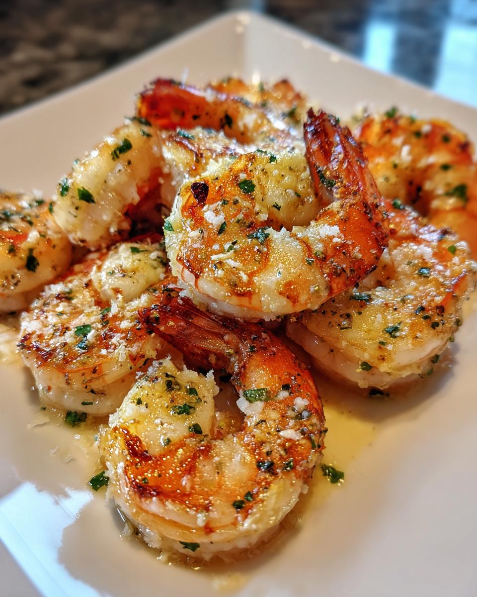 Close-up of juicy, golden-brown air fryer shrimp seasoned with garlic, parmesan, and parsley on a white plate.