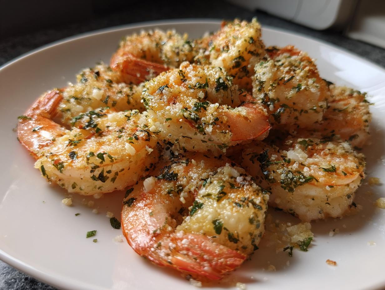 Close-up of several cooked air fryer shrimp coated in garlic, Parmesan, and parsley, served on a white plate.