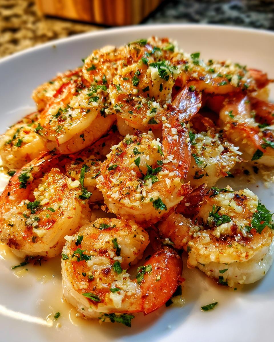 Close-up of perfectly cooked air fryer shrimp seasoned with garlic and fresh parsley.