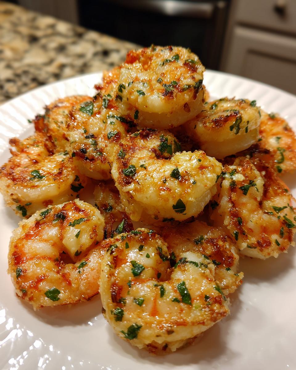 A pile of golden brown, seasoned air fryer shrimp garnished with chopped green parsley on a white plate.