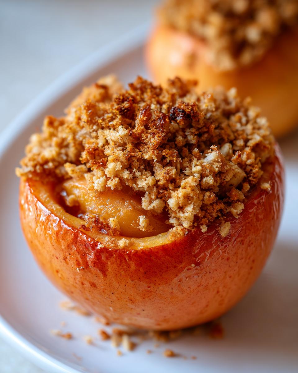 A close-up of a perfectly baked apple filled with soft fruit and topped generously with golden brown crumble.