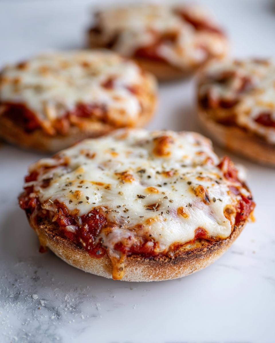 A close-up shot of a freshly baked english muffin pizza topped with melted mozzarella cheese and herbs.