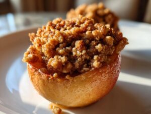 Close-up of a glistening baked apple filled with a crunchy cinnamon and nut crumble topping.