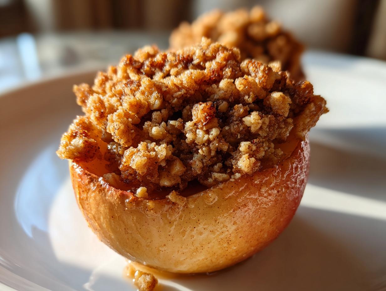 Close-up of a glistening baked apple filled with a crunchy cinnamon and nut crumble topping.