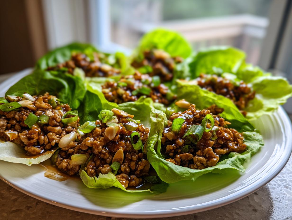 Several servings of flavorful chicken lettuce wraps piled high on a white plate, garnished with green onions.