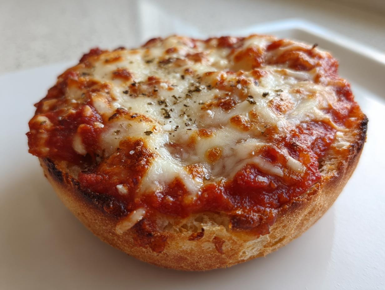 A close-up, featured image of a single english muffin pizza half, topped with melted mozzarella cheese and tomato sauce.