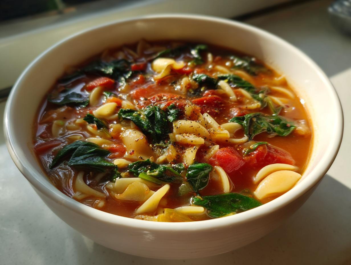 Close-up of a white bowl filled with rich, tomato-based minestrone soup featuring spinach, diced tomatoes, and small pasta shapes.