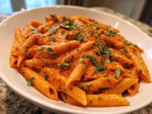 Close-up of penne pasta coated in a rich, creamy orange sauce, garnished with fresh chopped basil for the perfect tomato basil pasta.