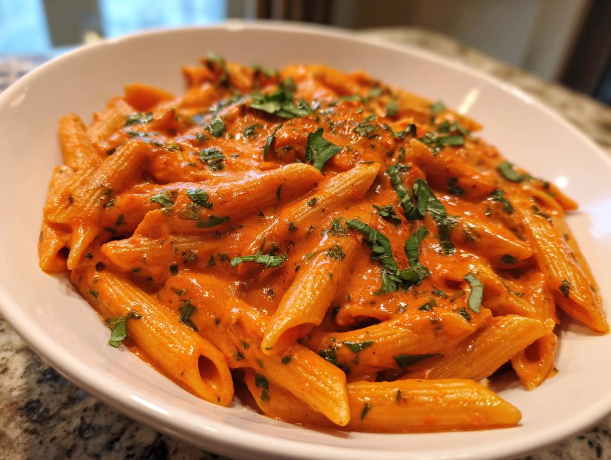 Close-up of penne pasta coated in a rich, creamy orange sauce, garnished with fresh chopped basil for the perfect tomato basil pasta.