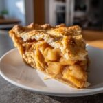 Close-up of a thick slice of amazing apple pie showing flaky crust and rich, spiced apple filling.