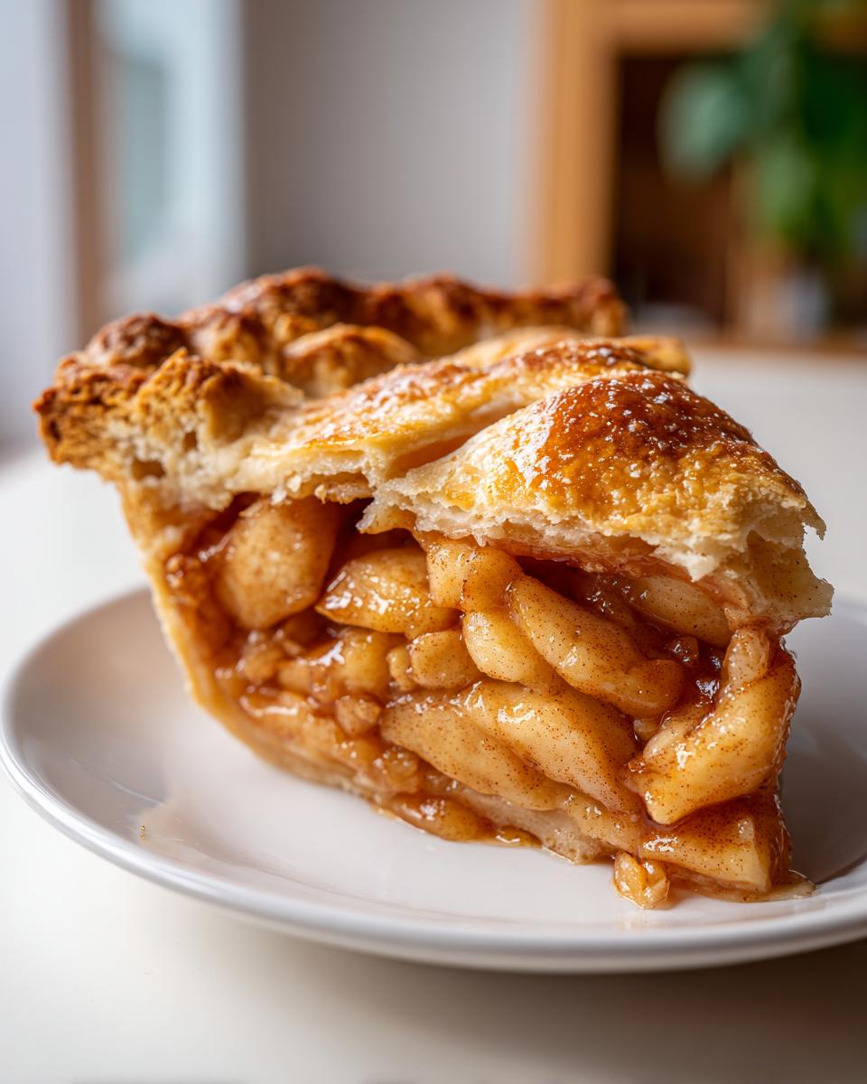 Close-up of a thick slice of apple pie showing a flaky, golden crust and juicy, cinnamon-spiced apple filling.