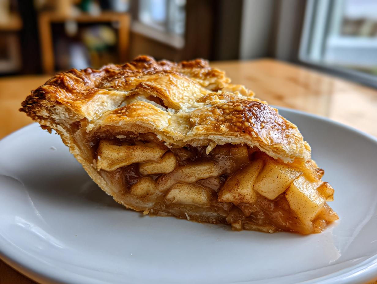 A close-up of a perfect slice of apple pie showing flaky, golden crust and cinnamon-spiced apple filling.