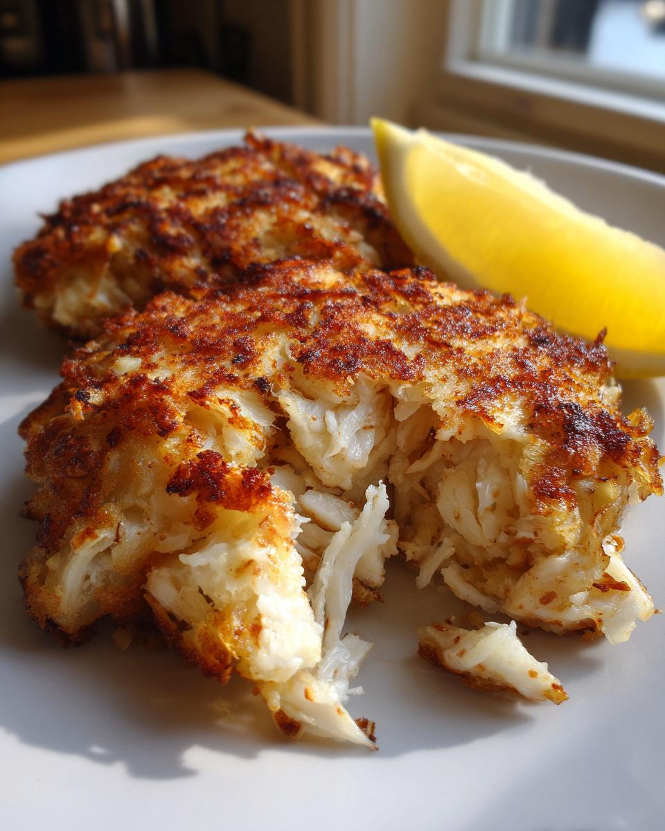 Close-up of flaky maryland crab cakes, one broken open to show lump crab meat, served with a lemon wedge.
