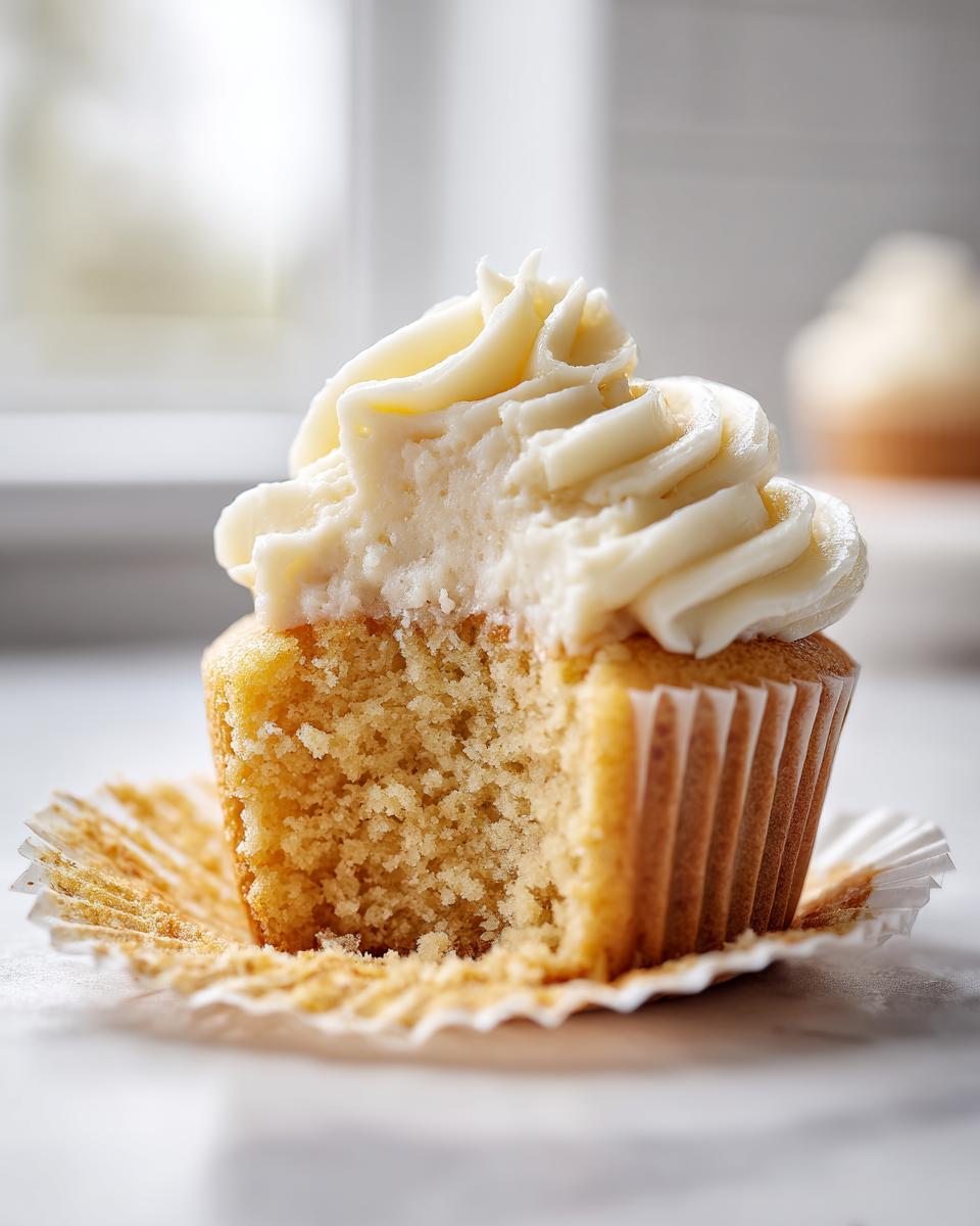 A close-up of a vanilla cupcake with a bite taken out, showing the moist crumb and creamy white frosting.