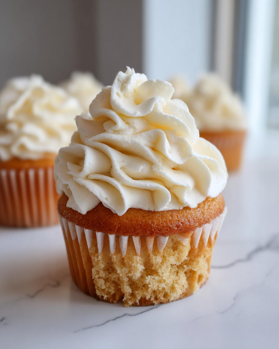 A close-up of a perfectly frosted vanilla cupcake with a bite taken out, showing the moist crumb.