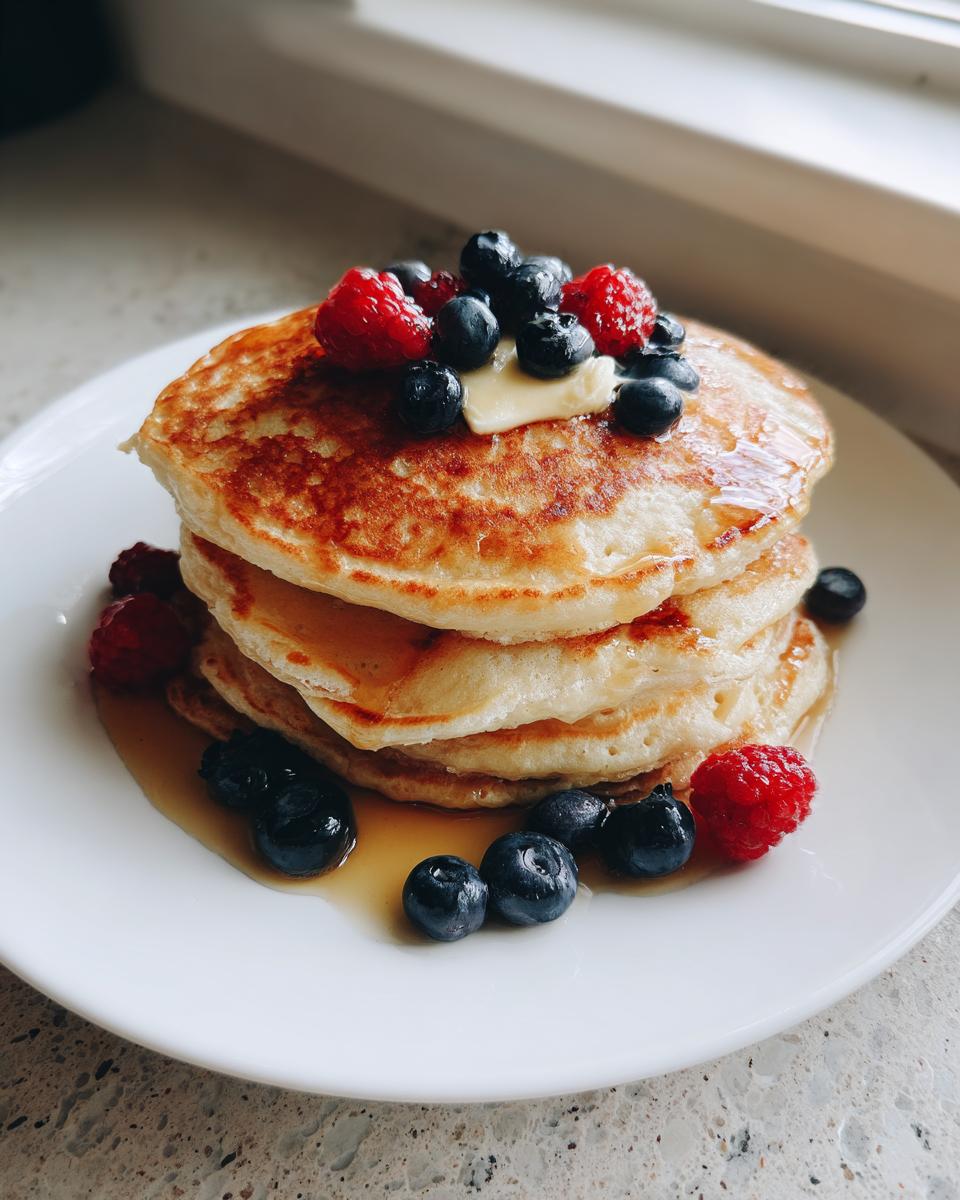 A stack of three fluffy almond flour pancakes topped with butter, blueberries, and raspberries, drizzled with syrup.