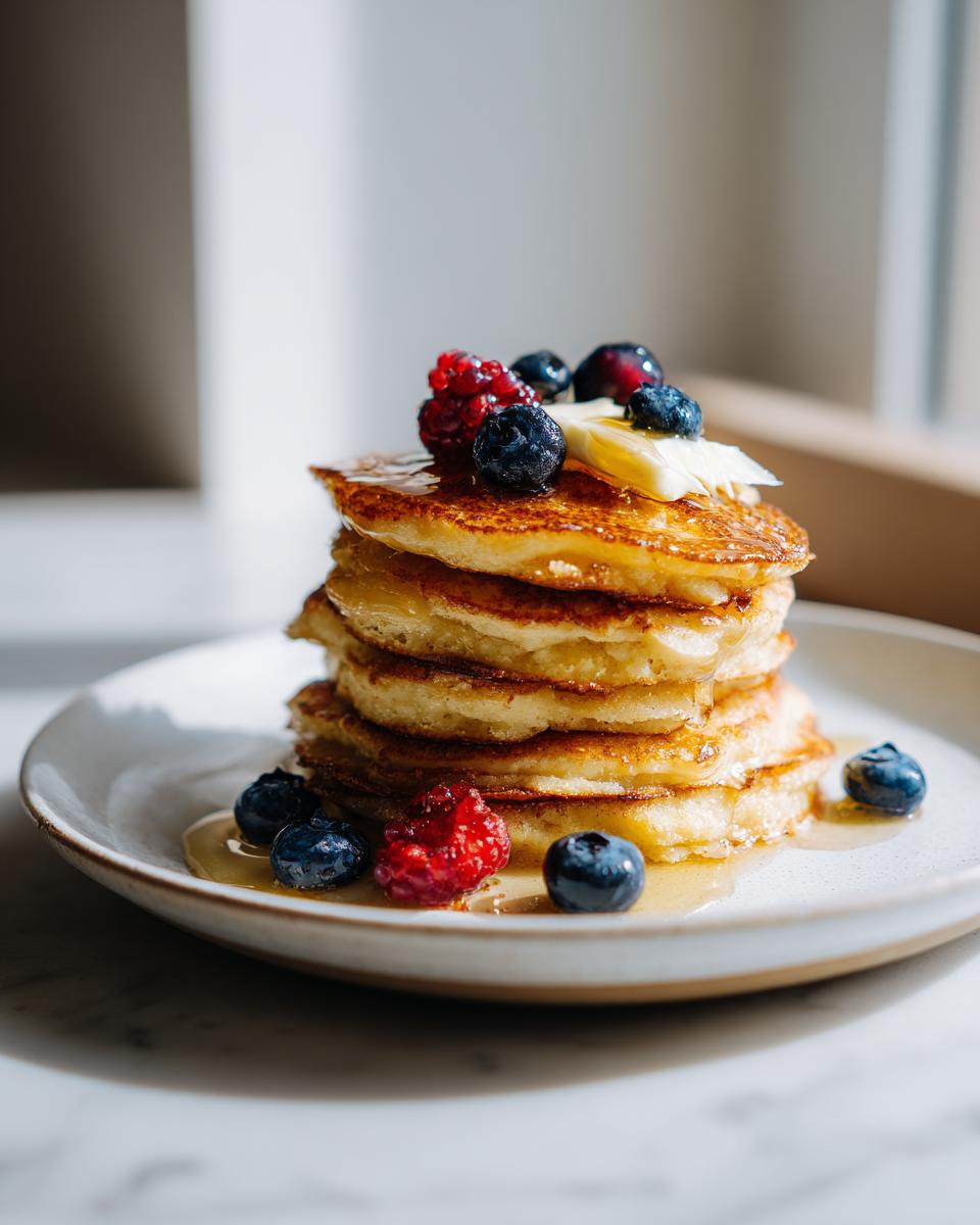 A tall stack of fluffy almond flour pancakes drizzled with syrup and topped with fresh blueberries, raspberries, and butter.