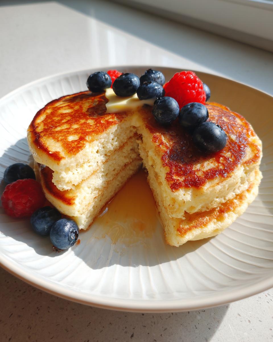 A stack of fluffy almond flour pancakes cut in half, topped with butter, blueberries, and raspberries, drizzled with syrup.