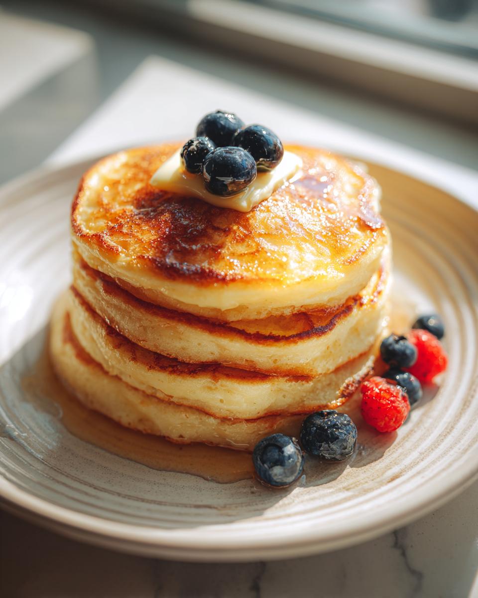 A tall stack of fluffy almond flour pancakes topped with melting butter and fresh blueberries.