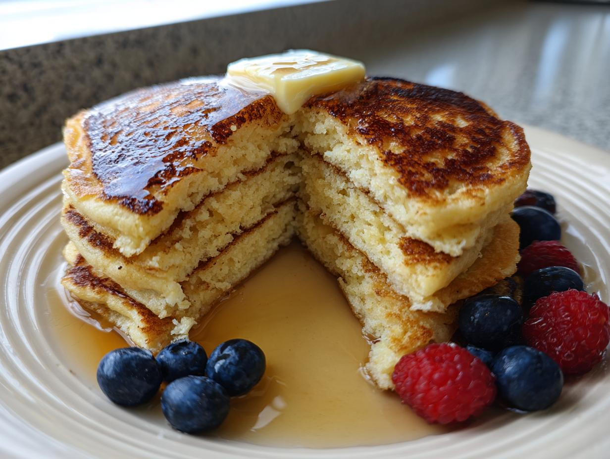 A stack of fluffy almond flour pancakes cut in half, topped with butter and syrup, served with fresh blueberries and raspberries.