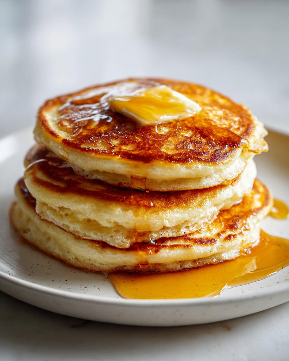 A tall stack of three fluffy buttermilk pancakes topped with melting butter and drizzled with syrup.