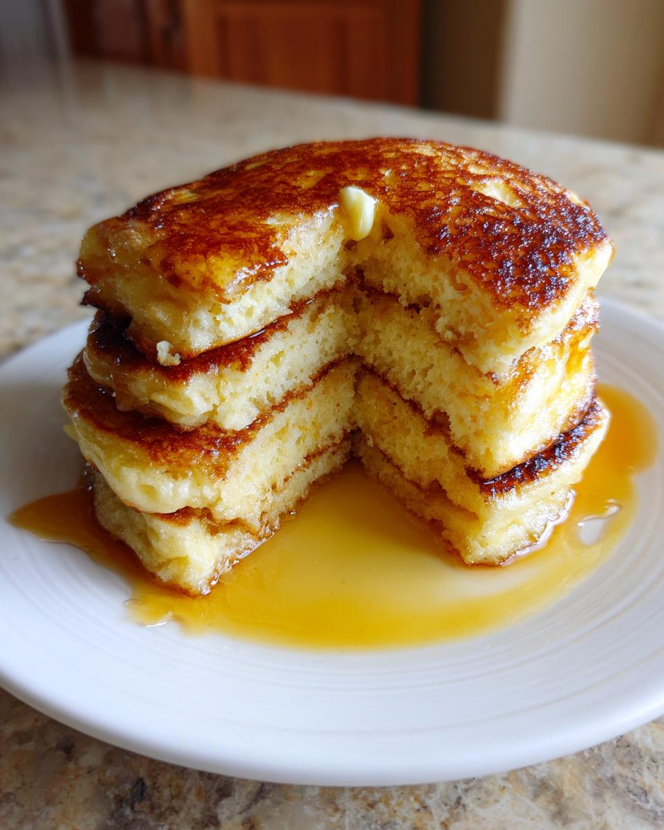 A thick stack of fluffy buttermilk pancakes cut in half, drizzled with syrup and topped with melting butter.